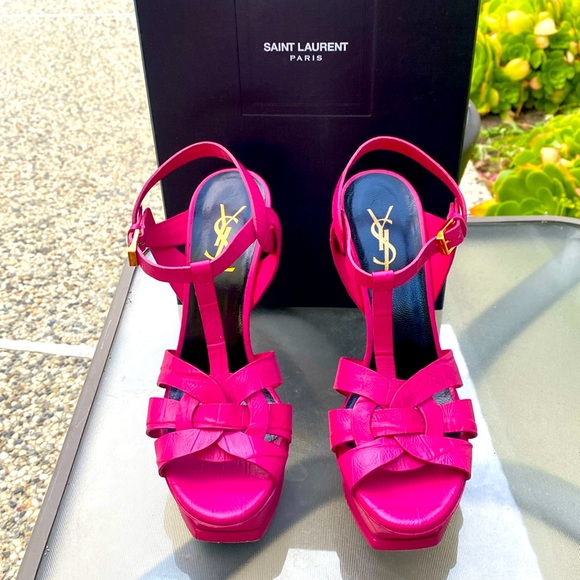 Stunning Saint Laurent Tribute Pink Leather Platform High Heels Sandals, Sz 37 - Picture 1 of 9